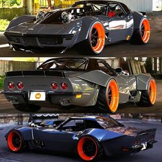 two pictures of cars with orange rims and wheels, one in grey and the other in black