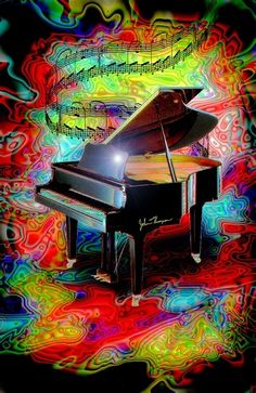 an artistic photo of a grand piano with colorful swirls and colors in the background