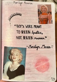 a book with pictures of marilyn monroe on the pages and words written in black ink