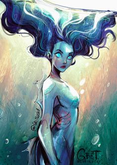 a drawing of a woman with long hair and blue eyes, standing in the water