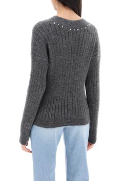 Alessandra Rich sweater crafted in ribbed solid wool blend yarn. Design with V-neck embellished with studs and crystals, it features a regular fit with low-set sleeves. The model is 177 cm tall and wears size IT 40. Wool Knit Sweater, Alessandra Rich, Wool Knit, Grey Women, Wool Blend Sweater, Yoga Wear, Stylish Women, Clothes For Sale, Knit Sweater