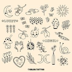 an assortment of tattoo designs on a white background with the words lucky and angel above them