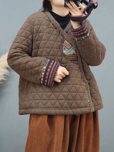 Plus Size Women Ethnic Patch Spliced Winter Padded Coat Casual Fall Outerwear With Geometric Embroidery, Folk Style Patchwork Outerwear For Fall, Folk Style Patchwork Fall Outerwear, Traditional Patchwork Winter Outerwear, Traditional Winter Patchwork Outerwear, Folk Style Brown Outerwear For Fall, Padded Coat, Patchwork Designs, Retro Outfits