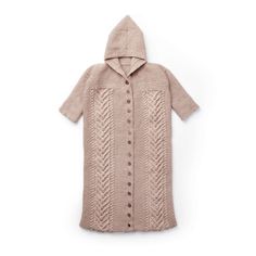 a cardigan sweater with hood and buttons on the front, in light pink yarn