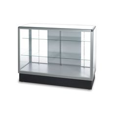 an empty glass display case on a white background