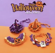 three crocheted halloween decorations on an orange surface with the words happy halloween night party written above them