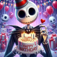 a cartoon skeleton holding a birthday cake with candles on it's face and wearing a top hat