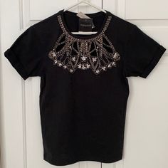 New With Tags! Size 4 Tts. Smoke Free/Pet Free Home. There Are Openings In Between The Beaded Parts That Show Skin. Party Black Top With Embellished Collar, Black Party Top With Embellished Collar, Party Top With Embellished Collar In Black, Spaghetti Strap Blouses, Satin Crop Top, Chiffon Wrap, Cowl Neck Top, Beaded Jewels, White Bodysuit