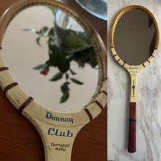 a close up of a mirror and a tennis racket