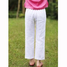 simplelinenlife-Linen-Summer-Women-Casual-Pants White Loose Fit Ankle-length Harem Pants, White Ankle-length Harem Pants With Loosely Fitted Hips, White Casual Harem Pants For Beach, Spring Casual White Harem Pants, Spring White Loose Fit Harem Pants, White Casual Spring Harem Pants, White Casual Harem Pants For Spring, White Harem Pants With Pockets For Spring, Spring White Loosely Fitted Harem Pants