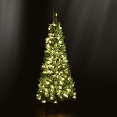 a lit christmas tree in the dark with light coming from it's top and bottom