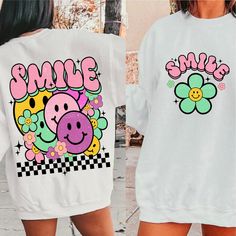 Cute Tshirt Designs Aesthetic, Smiley Tshirt Design, Smiley Face Tshirt Ideas, Casual White Hoodie With Sublimation Print, Trendy Printed Crew Neck Sweatshirt, White Casual Hoodie With Graphic Design, Fun Graphic Print Hoodie For Spring, Fun Graphic Print Long Sleeve Hoodie, Casual Sublimation Print Hoodie