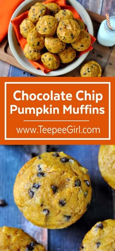 chocolate chip pumpkin muffins with text overlay