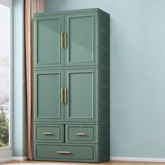 a tall green cabinet sitting next to a window