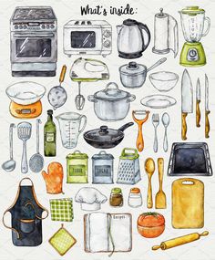 watercolor and ink illustration of kitchen utensils on white paper with words what's inside?