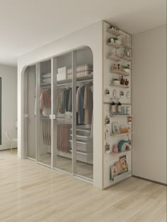 the closet is full of clothes and other items in it, including an open door