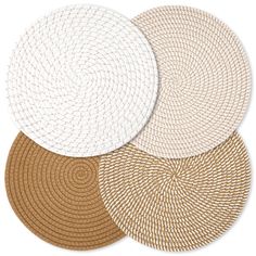 three round placemats in different colors and sizes