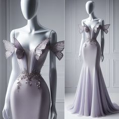 Long prom dress, light purple, tight, A-line, off the shoulder, butterfly detailing, silver detailing, white background, on mannequin. (AI Produced) Purple Butterfly Dress Prom, Purple Butterfly Wedding Dress, Butterfly Inspired Gown, Purple Butterfly Outfit, Butterfly Themed Dress, Butterfly Dress Aesthetic, Butterfly Dress Prom, Butterfly Dress Gowns, Butterfly Dress Design