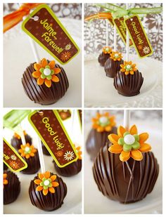 chocolate covered cake pops decorated with flowers and nametags for an easter party or bridal event