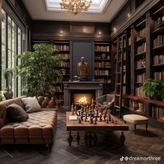 a living room filled with furniture and a fire place in front of a book shelf