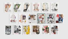 an assortment of magazine pages with images of women in different colors and sizes on them