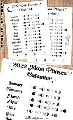 the moon phases calendar is shown on top of a wooden table with black and white lettering