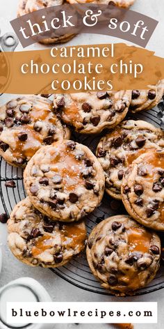 salted caramel chocolate chip cookies on a cooling rack with text overlay that reads salted caramel chocolate chip cookies