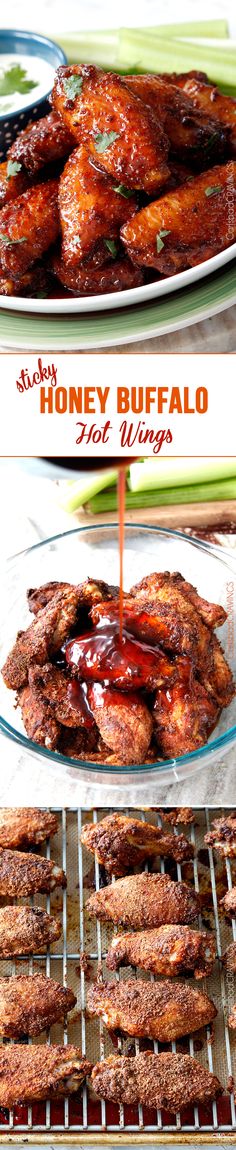 there are many different types of food on this plate and in the background is an advertisement for honey buffalo grill wings