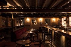 a dimly lit bar with lots of stools