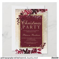 a christmas party card with red and gold foil on the front, featuring holly branches