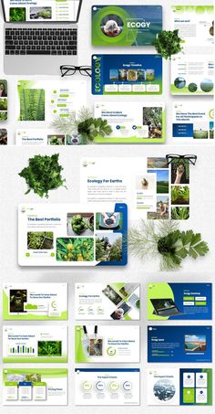 a bunch of different types of web pages with green and blue designs on them, all in