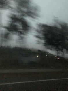 a blurry photo of trees and cars on the side of the road at night