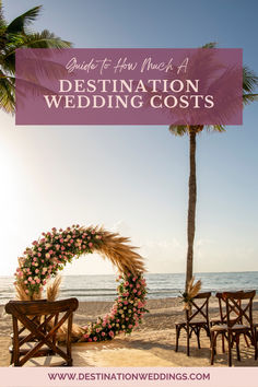 a beach with palm trees and chairs on it, the text reads guide to how much a destination wedding cost is