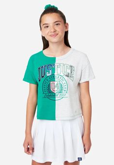 Split Graphic Oversized SS Tee- Branded w. Scrunchy | Justice Back To School Outfits, Girl Sweatshirts, College Fashion, School Fashion