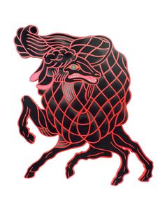 a red and black bull with an intricate design on it's back