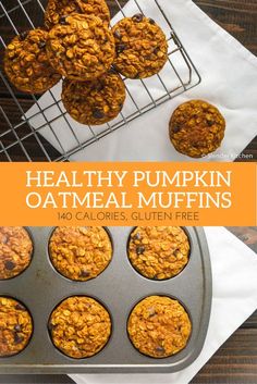 healthy pumpkin oatmeal muffins in a muffin tin with text overlay