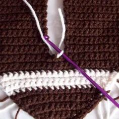 two crocheted pieces of brown and white yarn