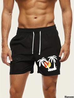 Russoo - Exquisite COCONUT TREES Printed Drawstring Shorts - Enhance Your Daily Attire - Mens Plus Size Apparel Black Leisure Bottoms For Beach Season, Coconut Tree, Elastic Waist Shorts, Printed Drawstring, Tree Print, Drawstring Shorts, Plus Size Casual, Casual Elegance, Casual Wear For Men