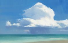 an oil painting of a cloud over the ocean on a sunny day with blue sky