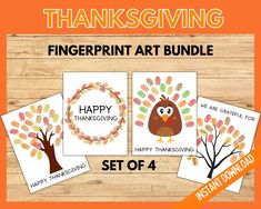 thanksgiving fingerprint art bundle for kids with turkey, tree and leaves on it's sides