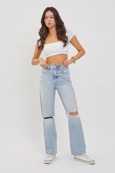 model is wearing a white crop top with Denim  Super High Rise Dad Jean and white sneakers Dad Jeans, Everyday Look, High Rise, Spandex, Pants, How To Wear, Fabric, Trousers