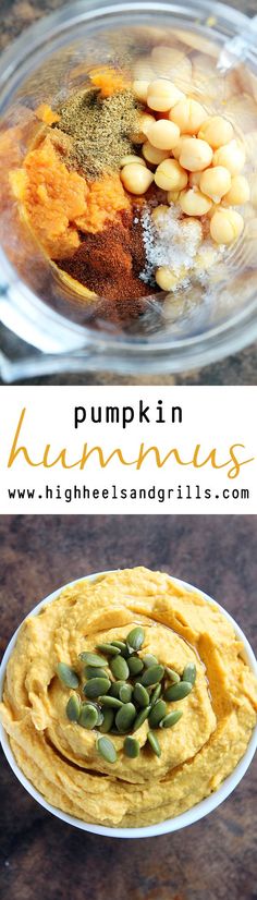 pumpkin hummus in a white bowl and on a wooden table with text overlay