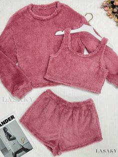 Lasaky - Womens Plus Size Casual Loungewear Set: Solid Fuzzy Fleece Long Sleeve Top, Crop Tank Top, and Shorts Pajamas Three Piece Set Tank Top And Shorts Pajamas, Shorts Pajamas, Tank Top And Shorts, Pink Collar, Pink Collars, Crop Tank Top, Cute Comfy Outfits, Top Crop, Cozy Outfit