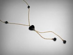 Y Necklace, Black Y Necklace, Lariat Necklace, Genuine Black Onyx, 14K Yellow Gold Filled, Y Lariat, Luxury Black Elegant Lariat Necklace, Black Handmade Adjustable Lariat Necklace, Black Lariat Necklace With Adjustable Length, Modern Black Lariat Necklace, Black Metal Lariat Necklace, Black Heart Necklace, Y Necklace, Necklace Black, Black Heart