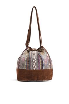 Bohemian Tribal Bucket bag for women. Colorful Twig fabric Stunning Sequins & Beads embellished at the front Contrast Faux Suede at the sides & lower half Drawstring with Tassels Closure Adjustable long Faux Suede shoulder strap Lined interiors with a Zip Pocket Size : 15" X 10" X 7.5" Trendy, Chic & Tribal, this is what a Boho girl is & that’s how her bucket bag needs to be. We happy to announce arrival of our Winter Twig Embellished Durrie Bucket Bag. This is what your Boho wardrobe needs to h Boho Wardrobe, Colorful Bags, Boho Girl, Trendy Chic, Sequin Beading, Boho Look, Bag For Women, Pocket Size, Brown Suede