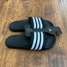 Adidas Men’s Adilette Cloudfoam Slides Black White Stripe Sandal Ap9971 Size 11 New With Tags Black Adidas Slides With Logo, Black Adidas Logo Slides, Adidas Synthetic Slides For Training, Adidas Black Slides With Logo, Black Adidas Logo Sandals, Adidas Black Sporty Slides, Sporty Black Adidas Slides, Adidas Black Slides For Sports, Black Slides For Training In Summer