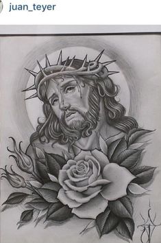 a drawing of jesus holding a rose