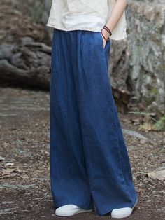 Wide Leg Elasticity Solid Color Pants Trousers NAVY BLUE-One_size Solid Color Pants, Navy Linen, Summer Linen, Wide Leg Linen Pants, Pantalon Large, Summer Fabrics, Vintage Casual, Green And Khaki, Black Linen