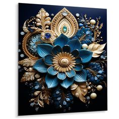 a blue and gold floral arrangement on a black background canvas wall art print, ready to hang