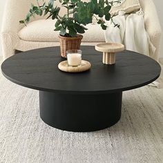 a table with a potted plant on it in front of a couch